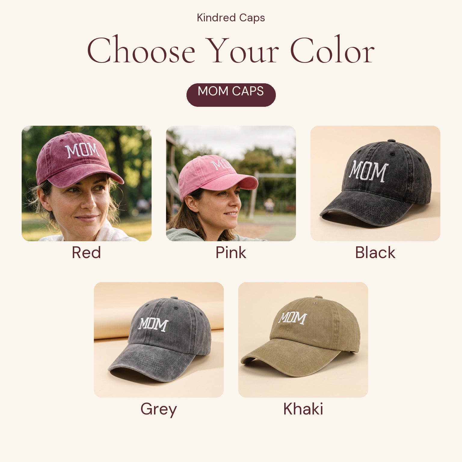 MOM cap colours: Red, Pink, Black, Grey and Khaki
