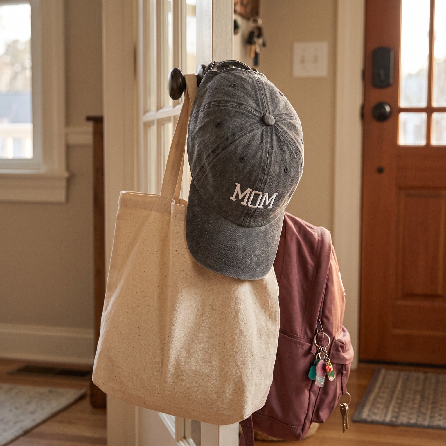 Grey MOM cap hanging with a tote by the front door
